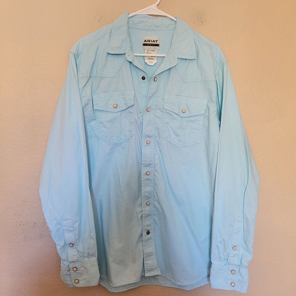 Ariat Mens Large Blue Ace Retro Long Sleeve Pearl Snap Shirt Western Americana